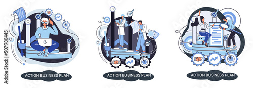 Action business plan, development strategies, foreseeing market risks. Company success secret, idea growing business achieve target metaphor, study production and sales market. Strategic biz planning