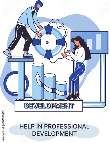 Help in professional development metaphor. Qualified employee training program. Refresher course. Human resource management organization. Business education workshop. School personality growth in team