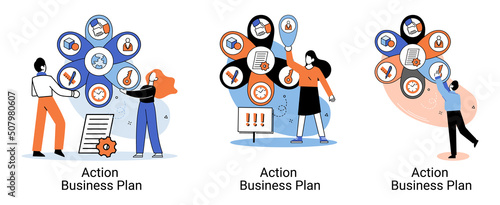 Action business plan, development strategies, foreseeing market risks. Company success secret, idea growing business achieve target metaphor, study production and sales market. Strategic biz planning