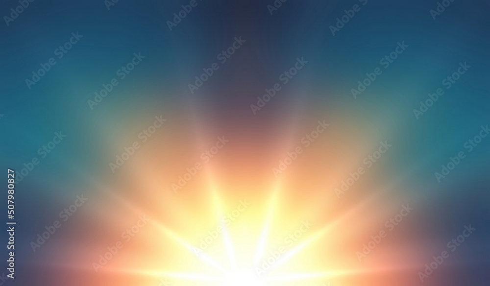 Bright yellow shine rays of sunset or sunrise on blue green empty background. Bright yellow shine rays of sunset or sunrise on blue green empty background.