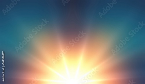 Bright yellow shine rays of sunset or sunrise on blue green empty background.