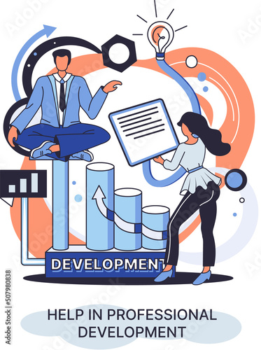 Help in professional development metaphor. Qualified employee training program. Refresher course. Human resource management organization. Business education workshop. School personality growth in team