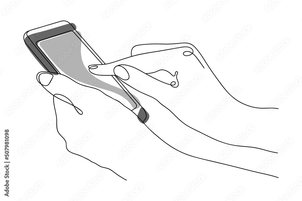 Obraz premium Outline drawing of Hands are holding a Mobile phone. One Line style illustration. Endless drawing. Quality assessment, information search, leaving Reviews and Feedback.