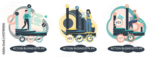 Action business plan, development strategies, foreseeing market risks. Company success secret, idea growing business achieve target metaphor, study production and sales market. Strategic biz planning