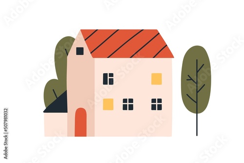 House facade, exterior and trees outside in Scandinavian style. Cute Scandi country home in nature. Countryside norse building outdoors. Flat vector illustration isolated on white background
