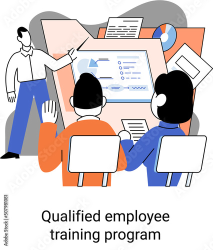 Qualified employee training program. Refresher course metaphor. Help in professional development. Learning for software development and growth. Agile project management team project life scrum meeting