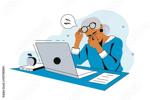 Elderly woman is Tired of working on a laptop. Tired character.  Concept of Eye Health while working at the computer. Flat graphics, vector illustration.	
