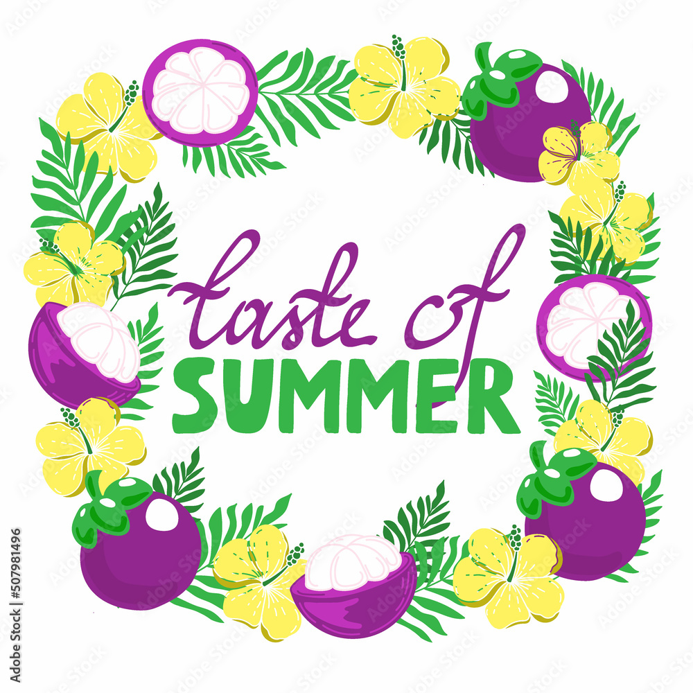 Summer frame with mangosteen, banner with exotic fruits, flowers and leaves, summer vector illustration in cartoon style. Mangosteen whole and half. Hibiscus. Bright summer background. Summer frame with mangosteen, banner with exotic fruits, flowers and leaves, summer vector illustration in cartoon style. Mangosteen whole and half. Hibiscus. Bright summer background.