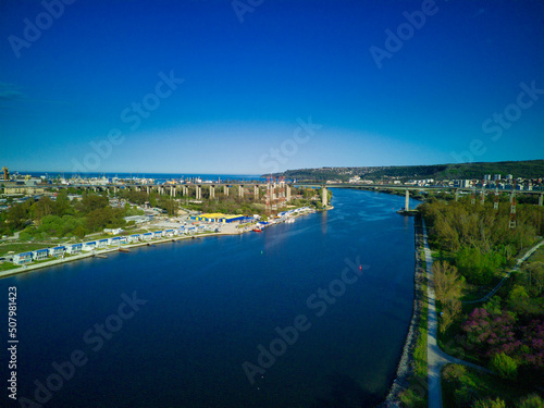 View from a height on the bridge between the town of Sozopol with houses near the Black Sea