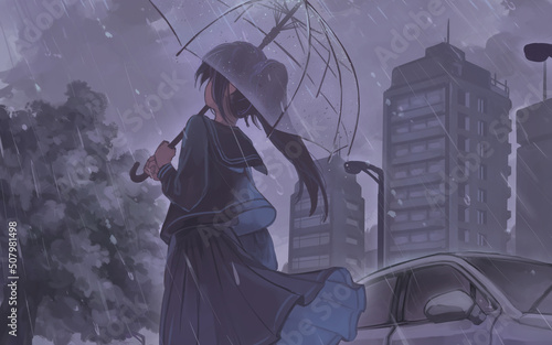 傘をさして外を歩いている女の人