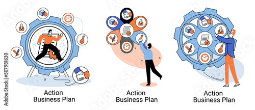 Action business plan, development strategies, foreseeing market risks. Company success secret, idea growing business achieve target metaphor, study production and sales market. Strategic biz planning