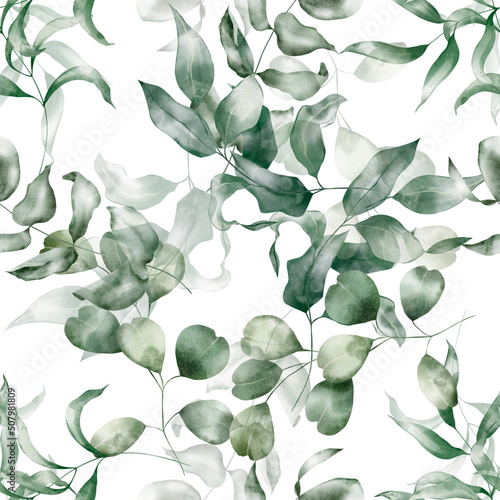Watercolor botanical seamless pattern – Eucalyptus, Green branches, Leaves, Foliage, Plant. For textile, fabric, print, wrapping, wallpaper, background.