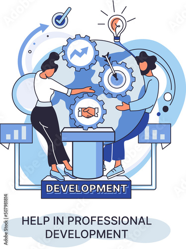 Help in professional development metaphor. Qualified employee training program. Refresher course. Human resource management organization. Business education workshop. School personality growth in team