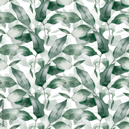 Watercolor botanical seamless pattern – Eucalyptus, Green branches, Leaves, Foliage, Plant. For textile, fabric, print, wrapping, wallpaper, background.