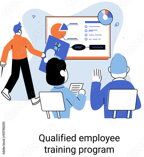 Qualified employee training program. Refresher course metaphor. Help in professional development. Learning for software development and growth. Agile project management team project life scrum meeting