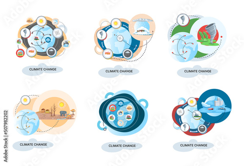 Concept of global warming, climate change, natural disaster, deforestation, global heating, air pollution. Environmental accident on planet, ecological catastrophy warning icons set world problem