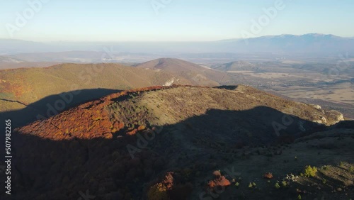 Aerial Autumn sunset view of Konyavska mountain near Viden Peak, Kyustendil Region, Bulgaria photo