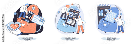 Health care program metaphor, online medical services, protection medicine. Medical insurance, hospital services, preventive check up, sick leave certificate treatment diagnosis patients, telemedicine