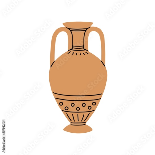 Greek ceramic amphora. Antique clay wine vase of Ancient Greece. Old historical vessel. Classic earthenware crockery, pottery of antiquity. Flat vector illustration isolated on white background