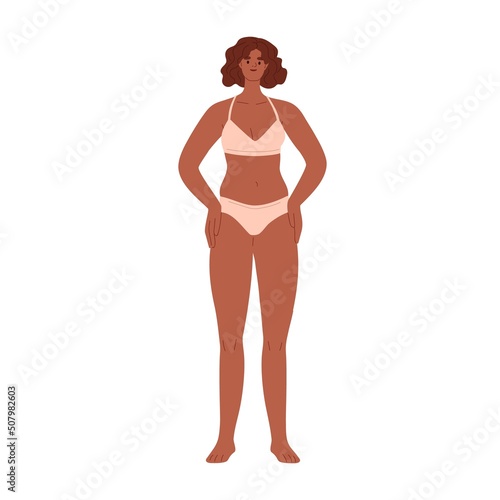 Woman in bikini with average slim body type. Girl standing in underwear. Healthy female in bra and panties, lingerie with slender figure, shapes. Flat vector illustration isolated on white background