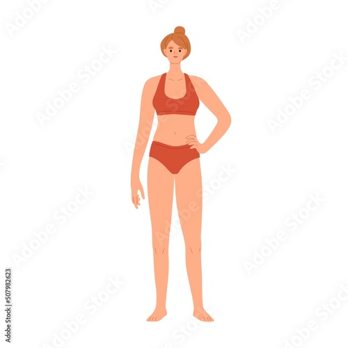 Woman in bikini with slim body, slender thin figure. Female in underwear, bra...