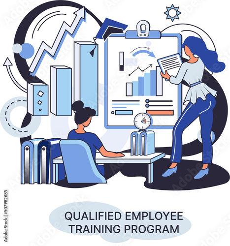 Qualified employee training program. Refresher course metaphor. Help in professional development. Learning for software development and growth. Agile project management team project life scrum meeting