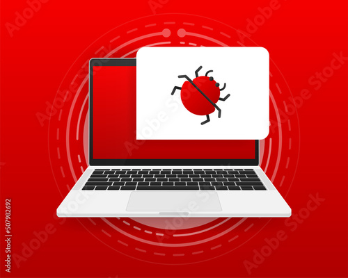 Computer virus in devices. Alert on screen. Scanning of problems. Vector illustration.