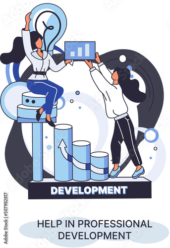 Help in professional development metaphor. Qualified employee training program. Refresher course. Human resource management organization. Business education workshop. School personality growth in team