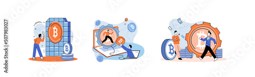 Cryptocurrency bitcoin mining metaphor Blockchain exchange platform. Cyber banking procedures, bitcoin trading, wallet. Ecurrency transactions. Digital currency, cryptocurrency market, hidden mining