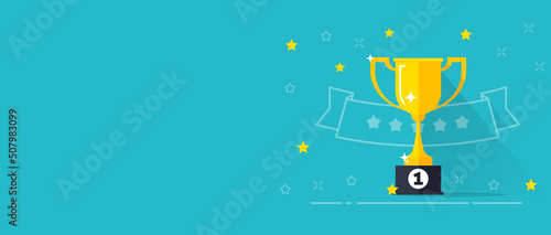 Gold cup for champion winner flat vector banner or win trophy award victory 1st place celebration ceremony poster blu cartoon, best achievement blank background for championship contest image