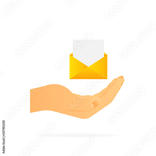 Hand holding email message. Realistic hand. White background. Vector illustration.