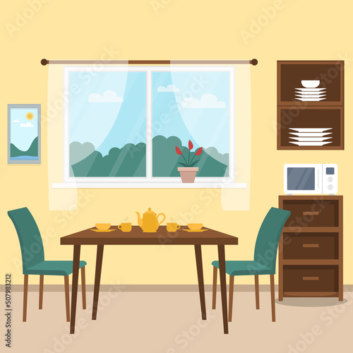 Kitchen interior design with furniture and window with curtains. Dining table in kitchen with chairs, cups and teapot, shelf, microwave, elements of room decor. Flat style vector 