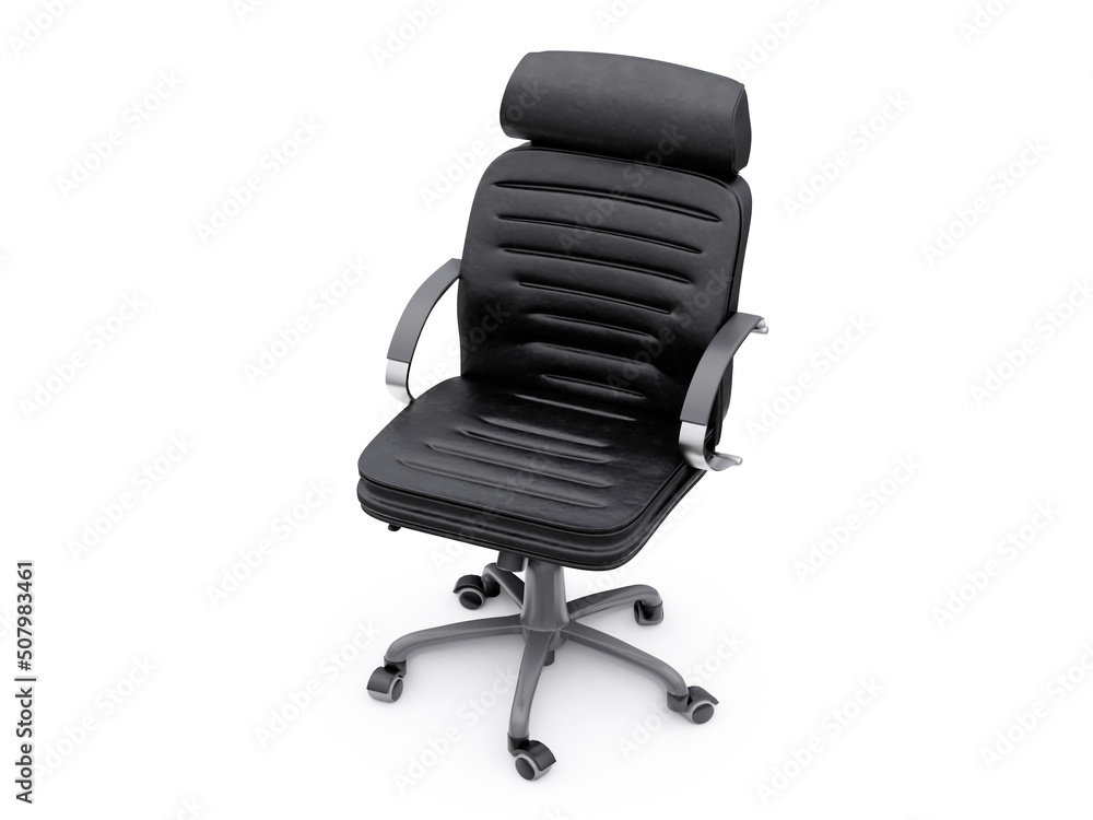 Black leather office chair isolated on white background. Executive Stylish workplace. 3D illustration Black leather office chair isolated on white background. Executive Stylish workplace. 3D illustration