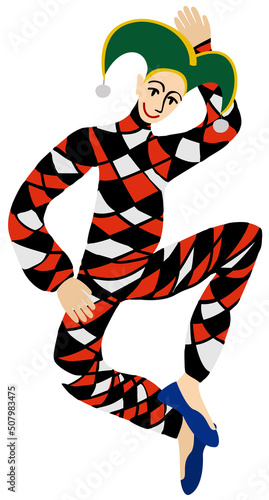 Vector bright illustration of happy dancing harlequin isolated on white background.