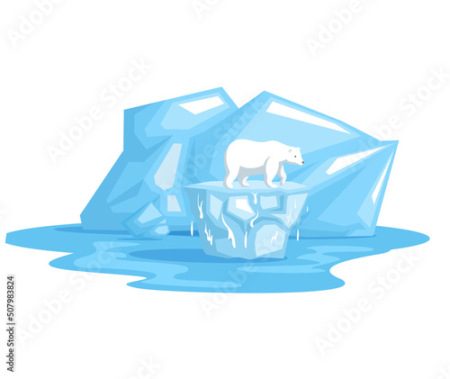 White polar bear stands on ice floe. Wild animals need help on icehouce in antarctica. Mammal living in arctic. Fur-seal lies on iceberg suffer from climate change and global warming, melting glaciers