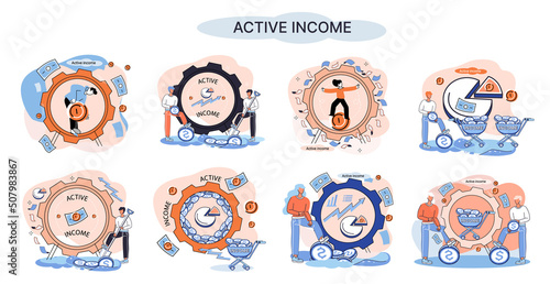 Active income obtained in course of certain activity using your knowledge and skills, getting paid for work. Works, earns salary. Idea of financial growth, business development, wages. Activity growth