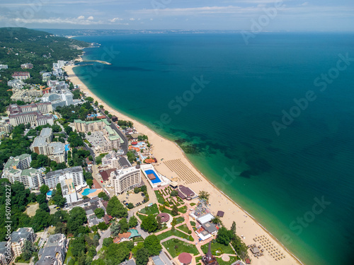 Aerial view of the beach and hotels in Golden Sands, Zlatni Piasaci. Varna, Bulgaria photo