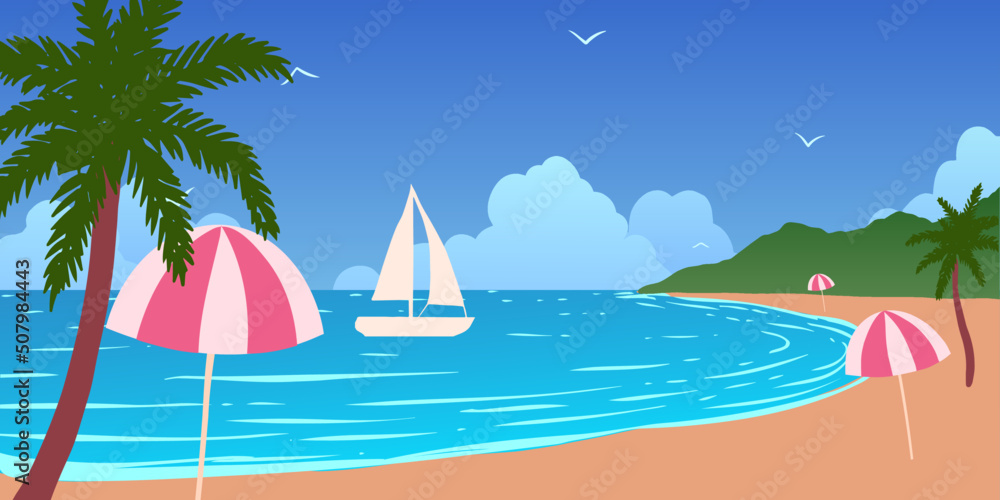 Palm trees and white yacht on blue ocean shore 