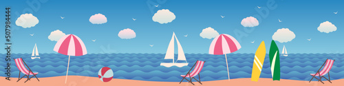 Vector cartoon flat abstract illustration of beach in ocean with white yacht, umbrellas and surfboards.