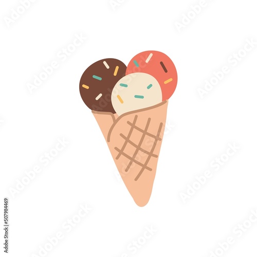 Balls of different ice-cream in waffle cone. Summer sweet frozen food in wafer. Icecream with chocolate, vanilla, fruit flavors and sprinkles. Flat vector illustration isolated on white background