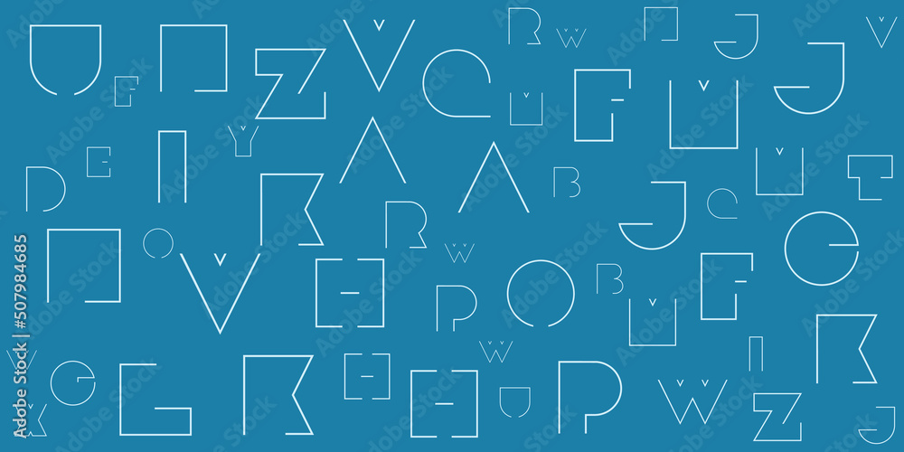 Various Blue Randomly Placed and Sized Art Deco Style Bold Letters Pattern - Texture on Dark Wide Scale Background, Design Element for Web or Book Covers in Editable Vector Format