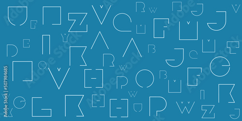 Various Blue Randomly Placed and Sized Art Deco Style Bold Letters Pattern - Texture on Dark Wide Scale Background, Design Element for Web or Book Covers in Editable Vector Format