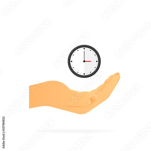 Hand holding clock time. Realistic hand. White background. Vector illustration.