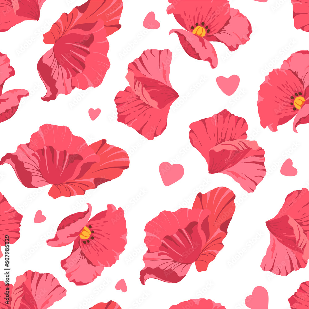 Floral seamless background. Red poppies on a white background.