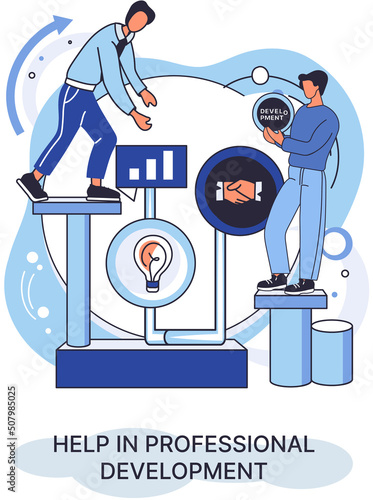 Help in professional development metaphor. Qualified employee training program. Refresher course. Human resource management organization. Business education workshop. School personality growth in team