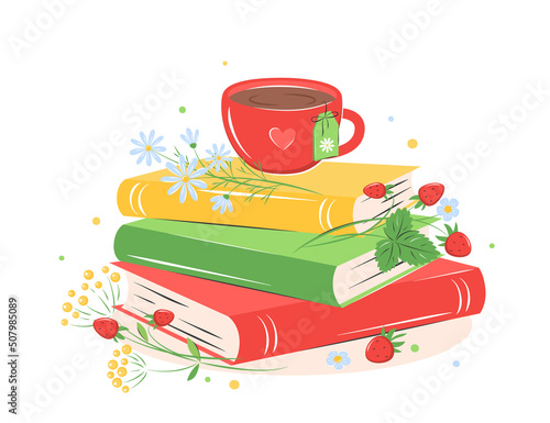 Books, cup coffee or tea with strawberries and summer flowers on white background.  Design for summer greeting card. Vector illustration