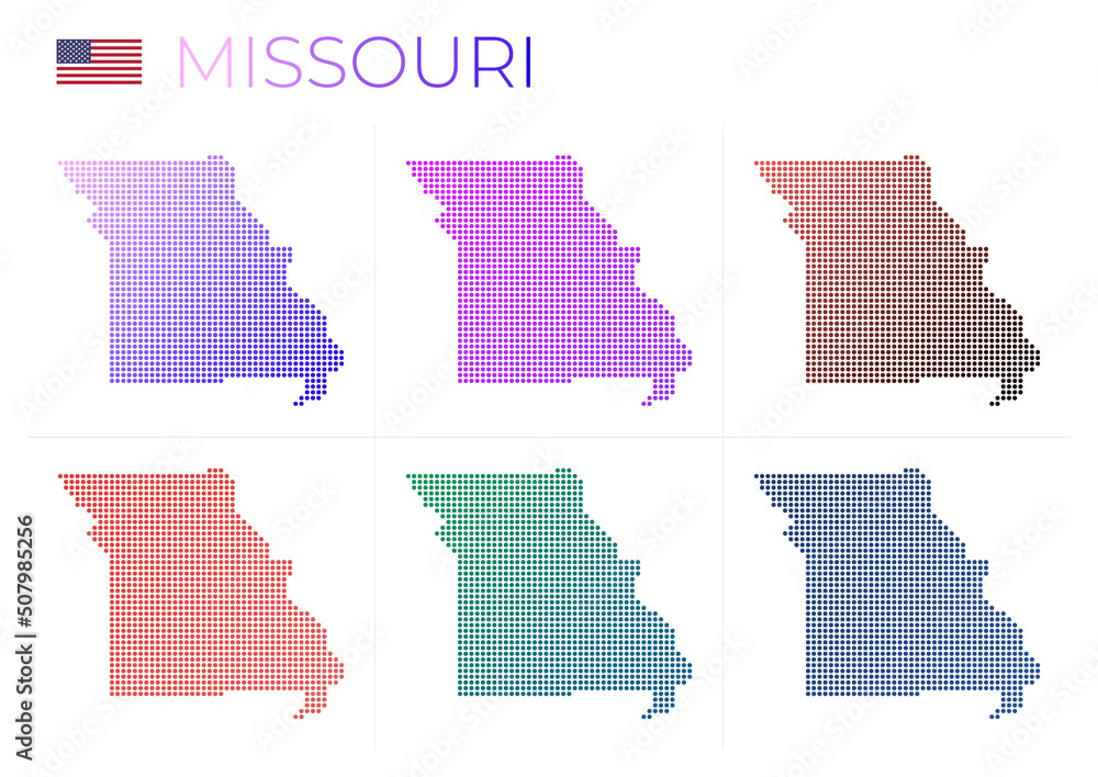 Missouri dotted map set. Map of Missouri in dotted style. Borders of the US state filled with beautiful smooth gradient circles. Trendy vector illustration. Missouri dotted map set. Map of Missouri in dotted style. Borders of the US state filled with beautiful smooth gradient circles. Trendy vector illustration.