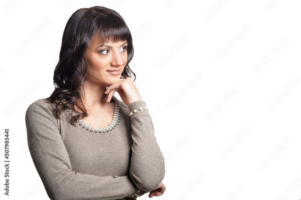 Portrait of calm young woman posing on white background Portrait of calm young woman posing on white background