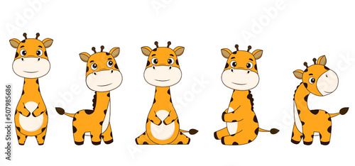 Set of cute giraffe cartoon characters.Vector illustration for design and print