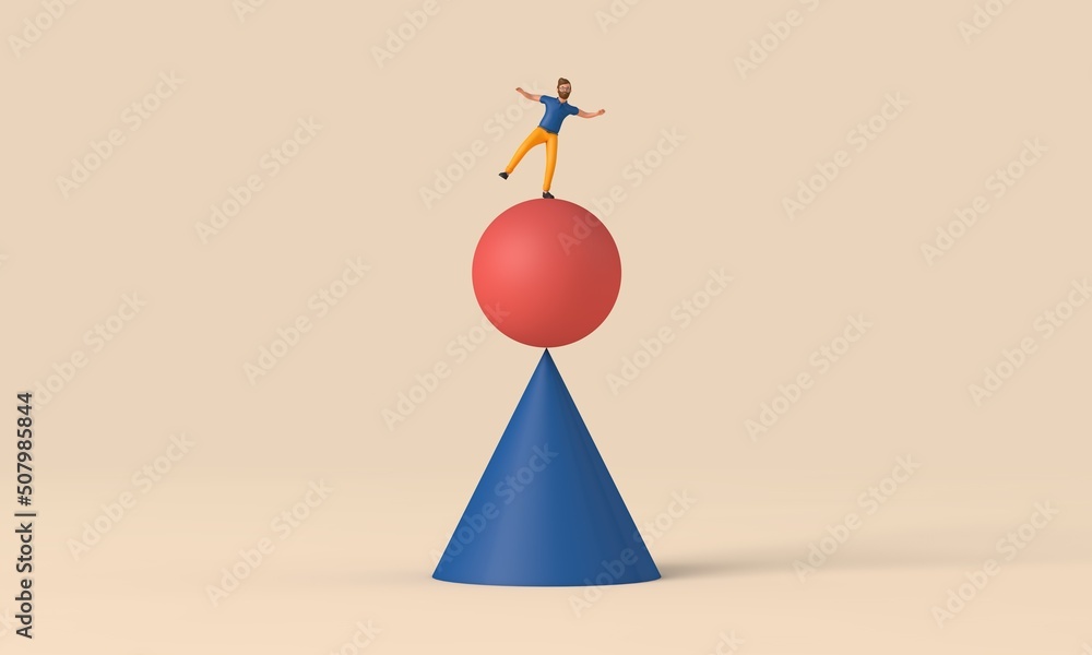 A male character balancing on unstable shapes. 3D Rendering A male character balancing on unstable shapes. 3D Rendering
